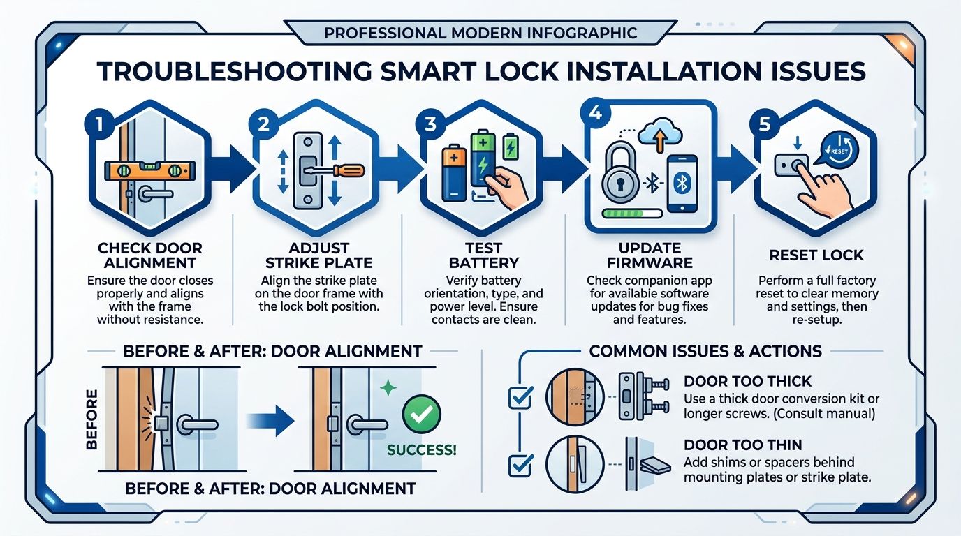 An infographic showing five steps for troubleshooting smart lock installation issues with alignment and battery advice.